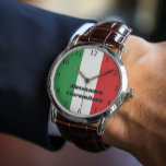 Enkel djärv italiensk Personlig Flagga Watch Armbandsur<br><div class="desc">En klok klok klocka som visar den italienska flagga grönt, vita och röda nyanser, med tydliga siffror som gör det lätt att läsa. Det som skiljer den här tidpunkten åt är dess fet svarta typ för personanpassning, som ger kunder använda namn, data eller viktiga känslor. Titta i en mängd stilar,...</div>