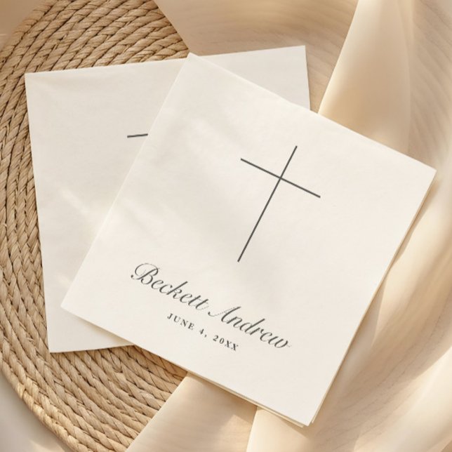 Enkel dop med kors i script pappersservett (Simple Black and White Cross Script Baptism, Christening or First Holy Communion Napkins.)