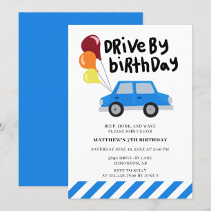 Enkel drift vid födelsedag Cute Blue Car Balloons Inbjudningar