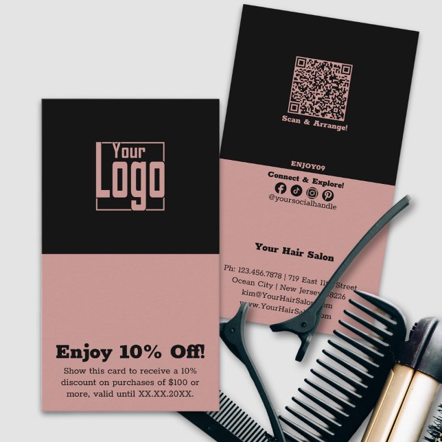 Enkel dubbelton haistylist 10 % rabatt rabattkort (Simple Dual-Tone Hairstylist 10% Off Discount Card, Square Logo, QR code, Tracking, Social,)