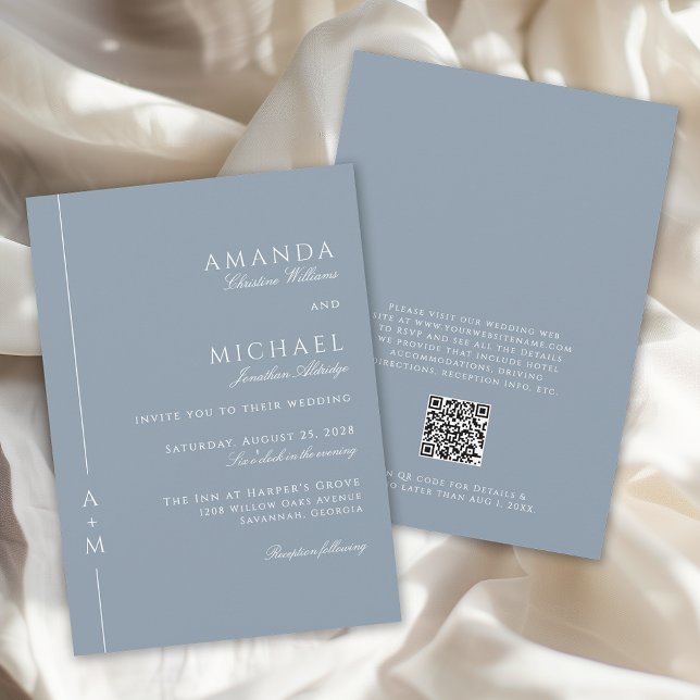 Enkel Dusty Blue Elegant Monogram QR-kod Bröllop Inbjudningar (Available in both printed and instant download digital formats.)