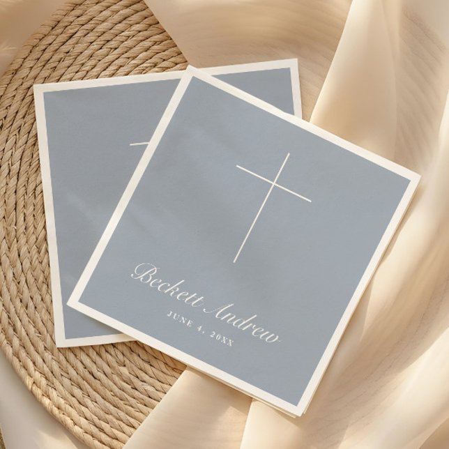 Enkel Dusty Blue Kors Script Dop Pappersservett (Simple Dusty Blue Cross Script Baptism, Christening or First Holy Communion Napkins.)