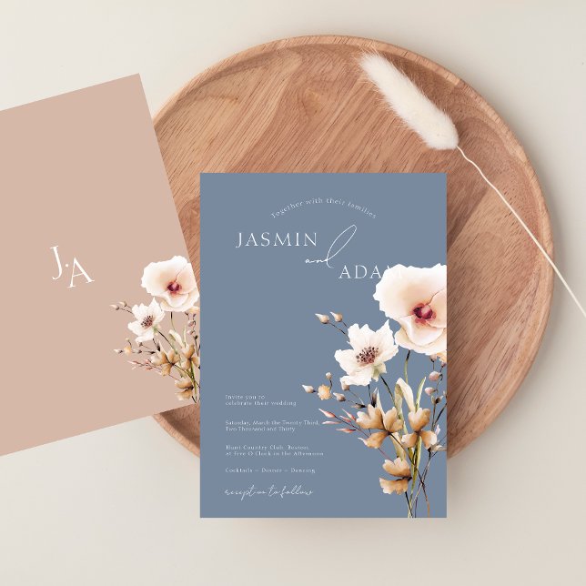 Enkel Dusty Blue Rosa Wildblommor Bröllop Inbjudningar (Simple Dusty Blue Pink Wildflowers Wedding Invitation)