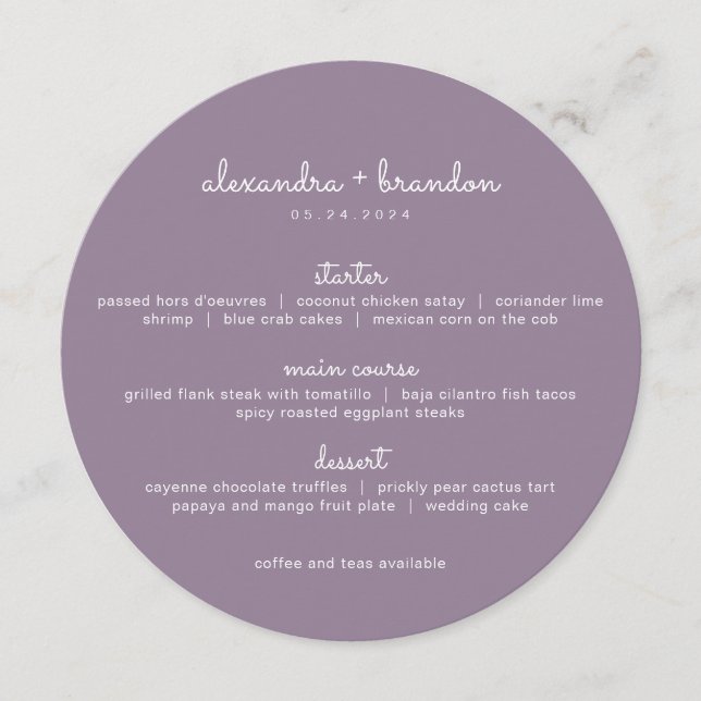 Enkel Dusty Lilac Round Bröllop Menu Meny (Framsida)