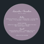 Enkel Dusty Lilac Round Bröllop Menu Meny<br><div class="desc">Ett enkelt och modernt anpassade runt meny med parets datum namn och bröllop överst i modern dammig lila och vitt. En prickad baksida accentuerar alla inställningar för bord eller ställe för ett formellt tillfälle. De här rundmenyerna ser underbara ut på varje platta!</div>