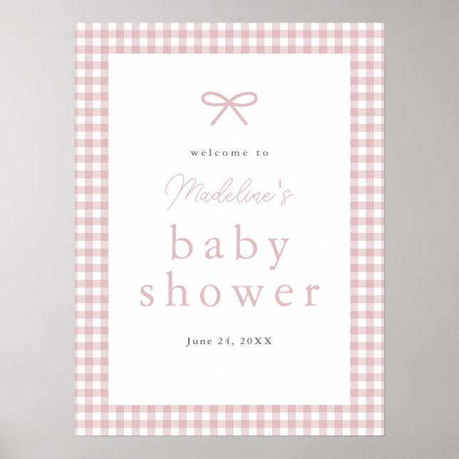 Enkel Dusty Rosa Gingham Girl Baby Shower Välkomme Poster (Framsidan)
