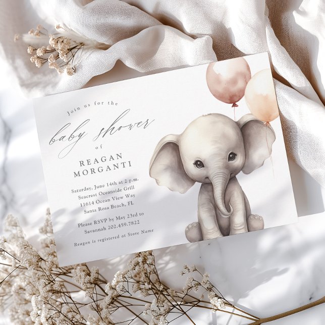 Enkel elefant med Neutralt Balloons Babykläder Inbjudningar (Simple Gender Neutral Elephant Baby Shower Invitations.)