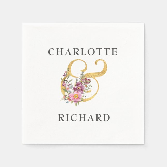Enkel elegance, Guld Ampersand med Rosa Blommigtar Pappersservett (Framsidan)