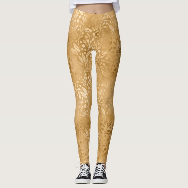 Enkel Elegance Guld Foliage Mönster Snyggt Leggings (Framsida)