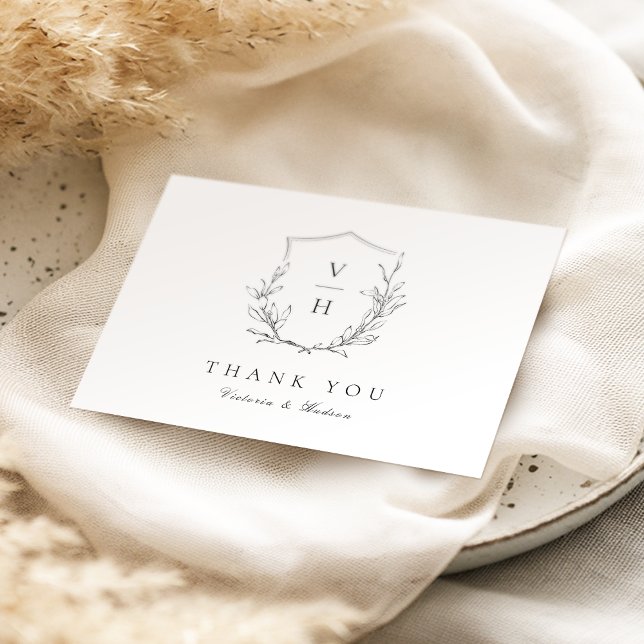 Enkel elegans botanisk kröningsmonogram för högsti tack kort (Simple elegance botanical crest monogram wedding thank you card)