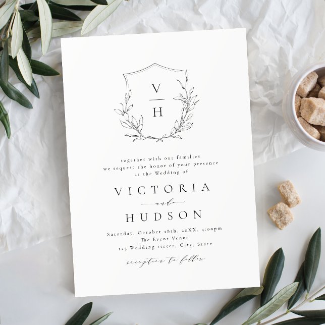 Enkel elegans, botanisk vapensköld, monogram bröll inbjudningar (Simple elegance botanical crest monogram wedding invitation)