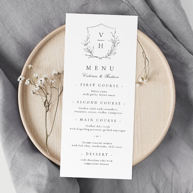 Enkel elegans, botanisk vapensköld, monogram bröll meny (Simple elegance botanical crest monogram wedding Menu)