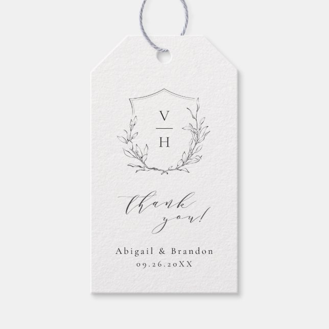 Enkel elegans botanisk vapensköld monogram bröllop presentetikett (Framsidan)