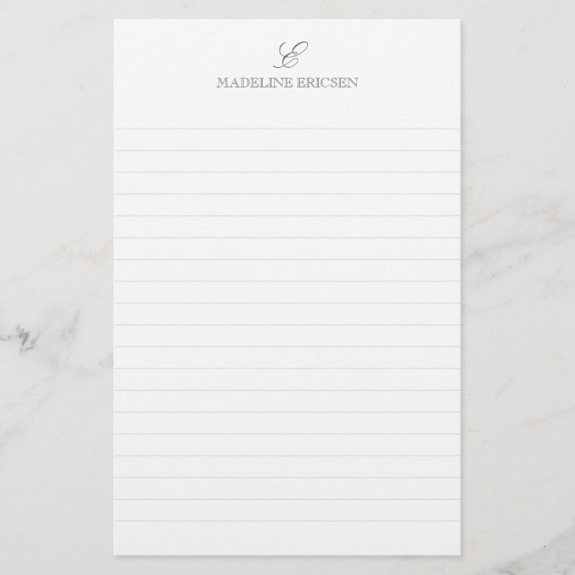 Enkel Elegans Grå Vit Monogram Streckad Brevpapper (Framsida)