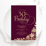 Enkel Elegant 30års födelsedag Burgundy Guld Inbjudningar<br><div class="desc">Enkel inbjudan till elegant 30års födelsedag i burgundi och guld. Klassdesign med ro,  faux guld-folie och typsnitt för typsnitt. Trendig inbjudan-kortets perfekt för en snyggt kvinnlig dag firande. Anpassa med dina egna detaljer. Kan anpassas till vilken ålder som helst. Skrivna Zazzle-inbjudningar eller digital utskrivbar mall för omedelbar nedladdning.</div>