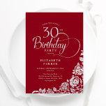 Enkel Elegant 30års födelsedag Red Silver Ro Inbjudningar<br><div class="desc">Enkel inbjudan till elegant 30års födelsedag-partiet i rött och silver. Klassdesign med ro,  faux silver-folie och typsnitt för typsnitt. Trendig inbjudan-kortets perfekt för en snyggt kvinnlig dag firande. Anpassa med dina egna detaljer. Kan anpassas till vilken ålder som helst. Skrivna Zazzle-inbjudningar eller digital utskrivbar mall för omedelbar nedladdning.</div>