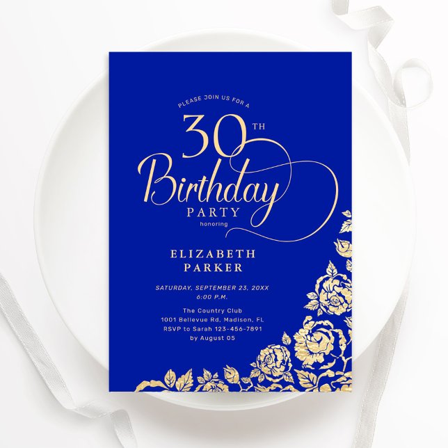 Enkel Elegant 30års födelsedag Royal Blue Guld Ro Inbjudningar (Skapare uppladdad)