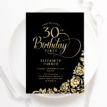 Enkel Elegant 30års födelsedag Svarta Guld Ro Inbjudningar<br><div class="desc">Enkel elegant 30års födelsedag-partikbjudan i svartvitt och guld. Klassdesign med ro,  faux guld-folie och typsnitt för typsnitt. Trendig inbjudan-kortets perfekt för en snyggt kvinnlig dag firande. Anpassa med dina egna detaljer. Kan anpassas till vilken ålder som helst. Skrivna Zazzle-inbjudningar eller digital utskrivbar mall för omedelbar nedladdning.</div>
