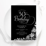 Enkel Elegant 30års födelsedag Svarta Silver Ro Inbjudningar<br><div class="desc">Enkel elegant 30års födelsedag-partikbjudan i svartvitt och silver. Klassdesign med ro,  faux silver-folie och typsnitt för typsnitt. Trendig inbjudan-kortets perfekt för en snyggt kvinnlig dag firande. Anpassa med dina egna detaljer. Kan anpassas till vilken ålder som helst. Skrivna Zazzle-inbjudningar eller digital utskrivbar mall för omedelbar nedladdning.</div>