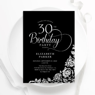 Enkel Elegant 30års födelsedag Svarta Silver Ro Inbjudningar
