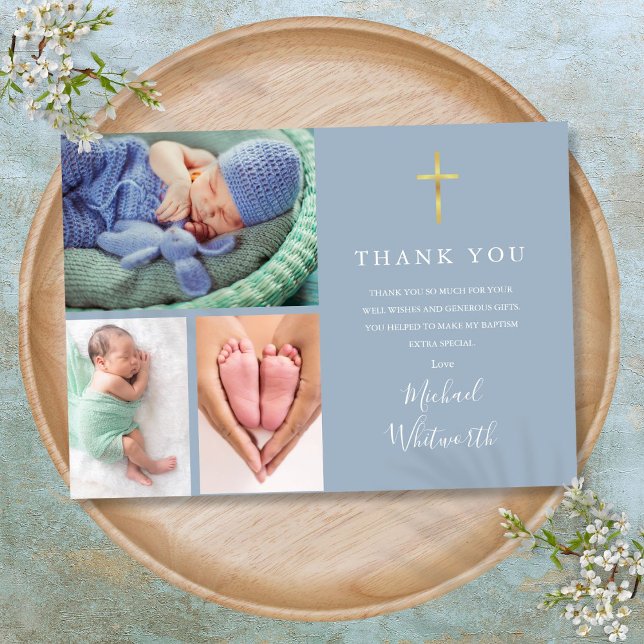 Enkel Elegant 3 Foto Namnteckning skriptförlamning Tack Kort (Simple Elegant 3 Photo Signature Script Baptism Thank You Card)