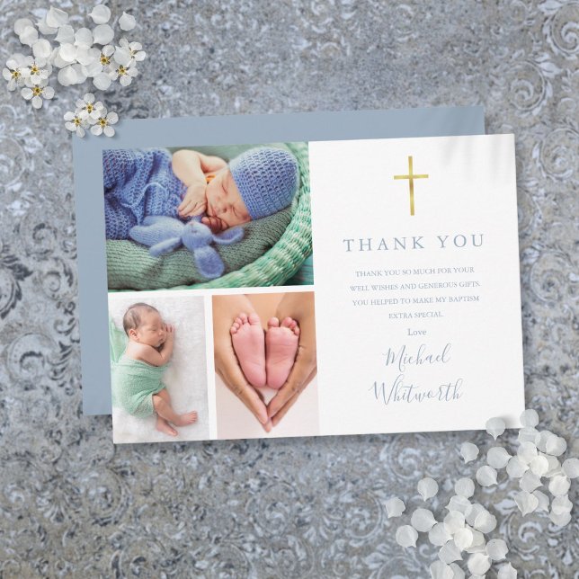 Enkel Elegant 3 Foto Namnteckning skriptförlamning Tack Kort (Simple Elegant 3 Photo Signature Script Baptism Thank You Card)