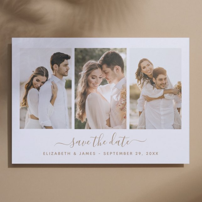 Enkel Elegant 3 - Spara datuminbjudan med foto Datumet (3 photo save the date simple elegant bohemian wedding)