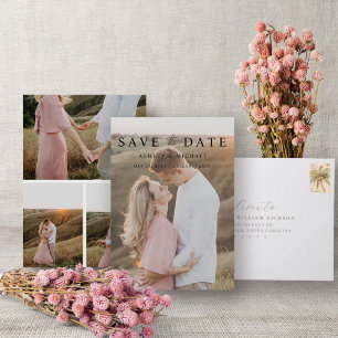 Enkel Elegant 4 Photo Modern Script-Förlovning Spara Datumet