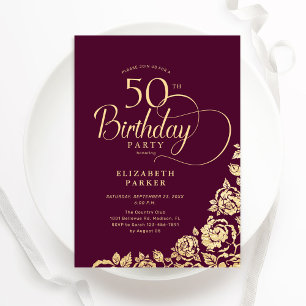 Enkel Elegant 50:e födelsedagen Burgundy Guld Inbjudningar