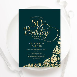 Enkel Elegant 50:e födelsedagen Emerald Grönt Guld Inbjudningar
