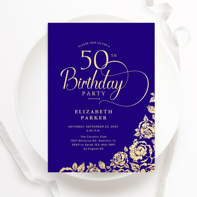 Enkel Elegant 50:e födelsedagen Lila Ro Guld Inbjudningar (Skapare uppladdad)
