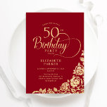 Enkel Elegant 50:e födelsedagen Röda Guld Ro Inbjudningar<br><div class="desc">Enkel elegant 50 födelsedagsfest inbjudan i rött och guld. Klassdesign med ro,  faux guld-folie och typsnitt för typsnitt. Trendig inbjudan-kortets perfekt för en snyggt kvinnlig dag firande. Anpassa med dina egna detaljer. Kan anpassas till vilken ålder som helst. Skrivna Zazzle-inbjudningar eller digital utskrivbar mall för omedelbar nedladdning.</div>