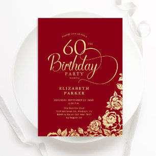 Enkel Elegant 60:e födelsedag Röda Guld Ro Inbjudningar