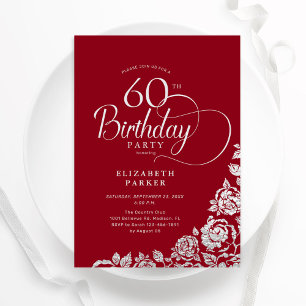 Enkel Elegant 60:e födelsedag Röda Silver Ro Inbjudningar