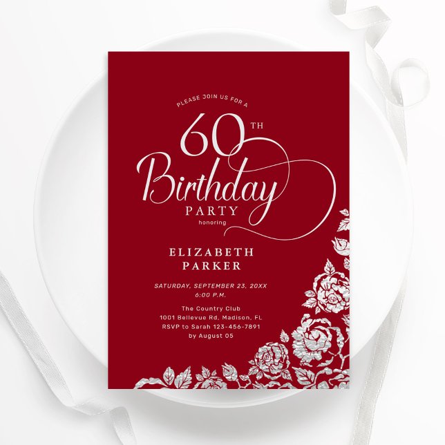 Enkel Elegant 60:e födelsedag Röda Silver Ro Inbjudningar (Skapare uppladdad)