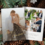 Enkel elegant 6-foton nyligen använt God jul Julkort<br><div class="desc">Elegant faux guld skript bröllop sex par fotokollage overlay namn och personlig först julkort helgdag card.</div>