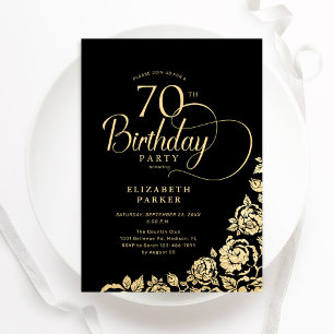 Enkel Elegant 70:e födelsedagen Svarta Guld Ro Inbjudningar