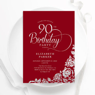 Enkel Elegant 90:e födelsedag Röda Silver Ro Inbjudningar