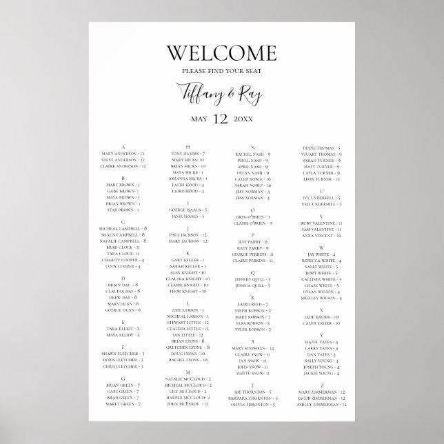 Enkel Elegant, alfabetiskt sittningsschema Poster (Framsidan)