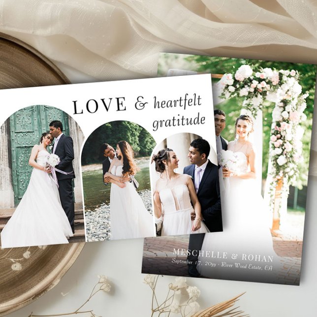 Enkel Elegant Arch-foto med flera Bröllop Tack Kort (Triple Arch Shaped wedding photo thank you card by Darling & May)