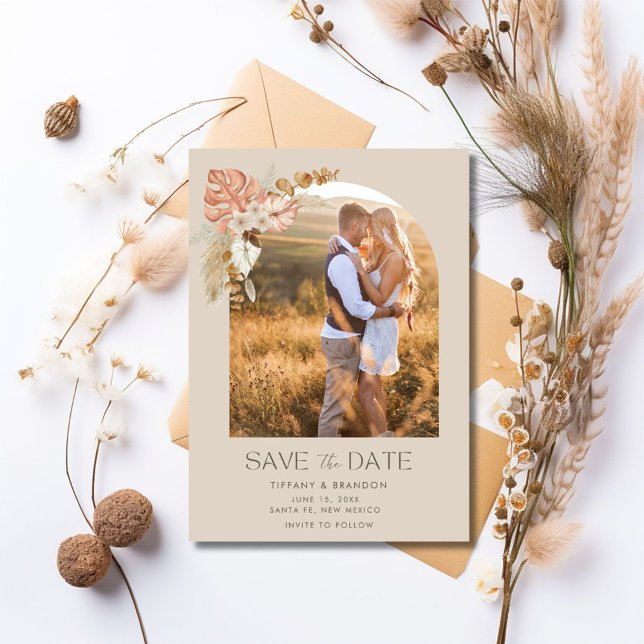 Enkel Elegant Arch Photo Boho Bröllop Spara Datumet (Simple Elegant Arch Photo Boho Wedding Save The Date)
