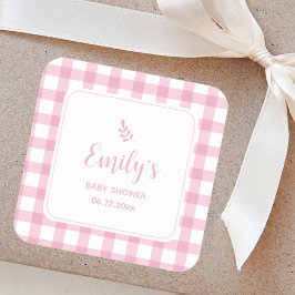 Enkel Elegant Baby Rosa Gingham Girl Baby Shower Fyrkantigt Klistermärke