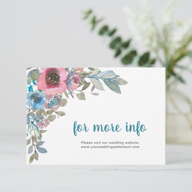 Enkel Elegant Blå och Rosa Akvarell Blomma Tilläggskort (Stående Fram)