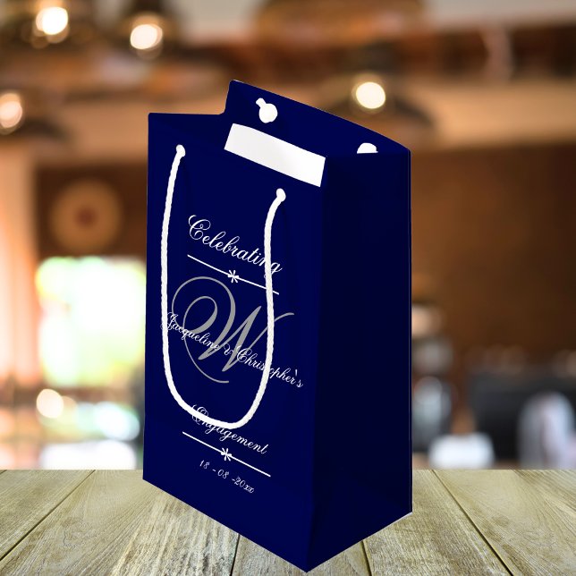 Enkel Elegant, blå och vit Förlovningsfest (Simple, Elegant, Navy Blue and White Engagement Party Small Gift Bag)