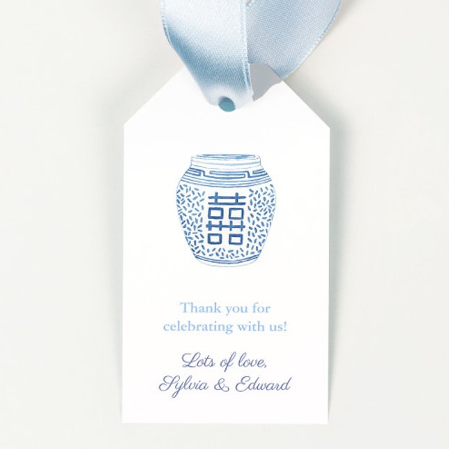 Enkel Elegant blå och vit Möhippa Presentetikett (Simple elegant hand painted blue and white ginger jar wedding or bridal shower favor tag design)