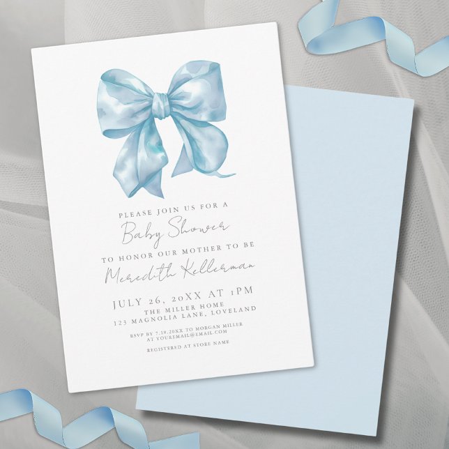 Enkel Elegant Blå Rosett Bebisdopp Inbjudningar (Simple Elegant Blue Bow Baby Shower Invitation)