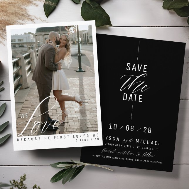 Enkel Elegant Black Photo Christian Bröllop Spara Datumet (Love scripture elegant photo simple gold, black and white modern Christian wedding save the date)