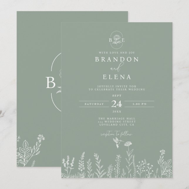 Enkel Elegant Blommigt Botaniskt sidnummer Grönt B Inbjudningar (Fram/baksida)