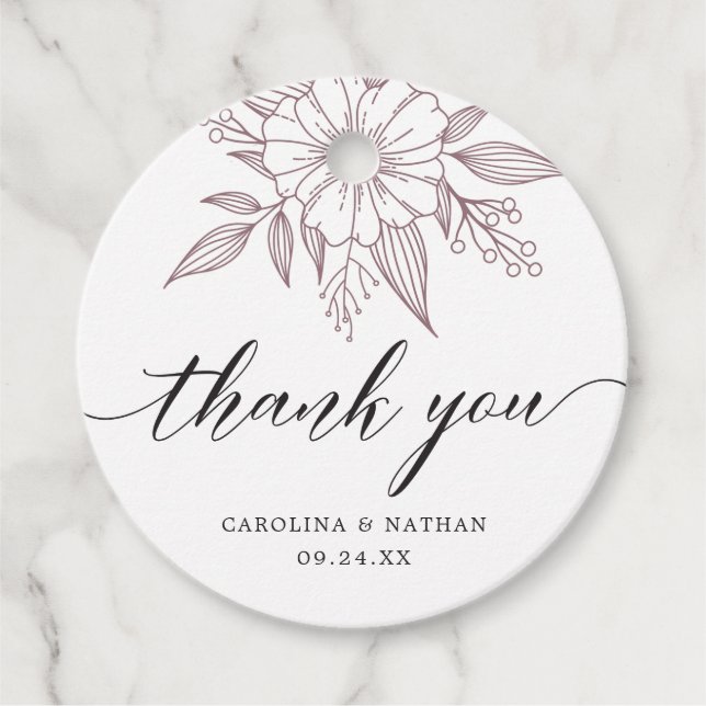 Enkel Elegant Blommigt Bröllop Tack Mauve Gåvor Etiketter (Framsida)
