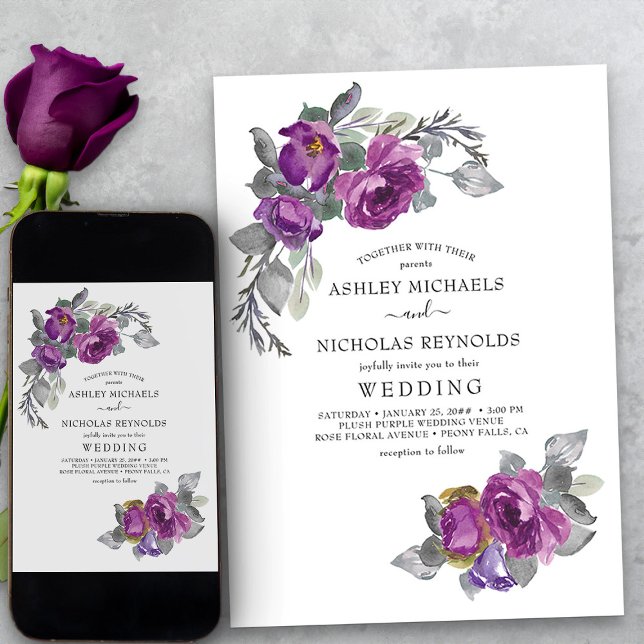 Enkel Elegant Blommigt Lila blommor Bröllop Inbjudningar (Simple purple floral wedding invitation from my Plush Purple Wedding Collection)